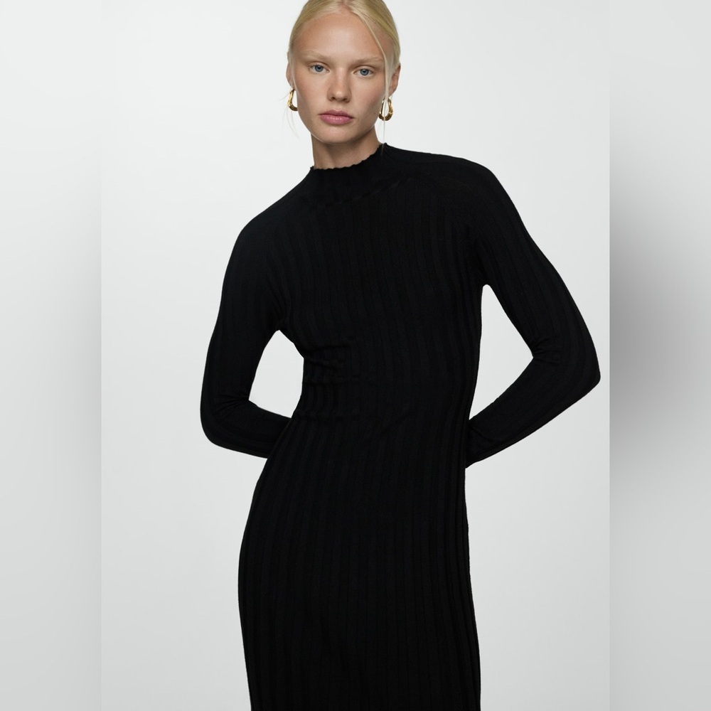 Mango Black Perkins neck ribbed dress NWT
